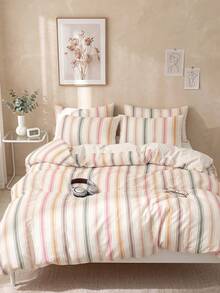 2/3 Piece Bedding Set, Home Textile, Minimalist Style, Pink & Green Striped, Comfortable & Breathable Bedding Set, Soft & Anti-Pilling, No Comforter Insert, Suitable For All Sizes Of Large And Small Beds, All Season, Indoor Decor - Multicolor - View 6