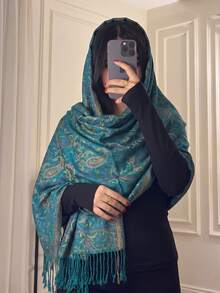 1件女款佩斯利花紋飄逸格紋圍巾，波希米亞風復古多功能披肩，適合日常穿搭 - 湖藍色 - 查看 1