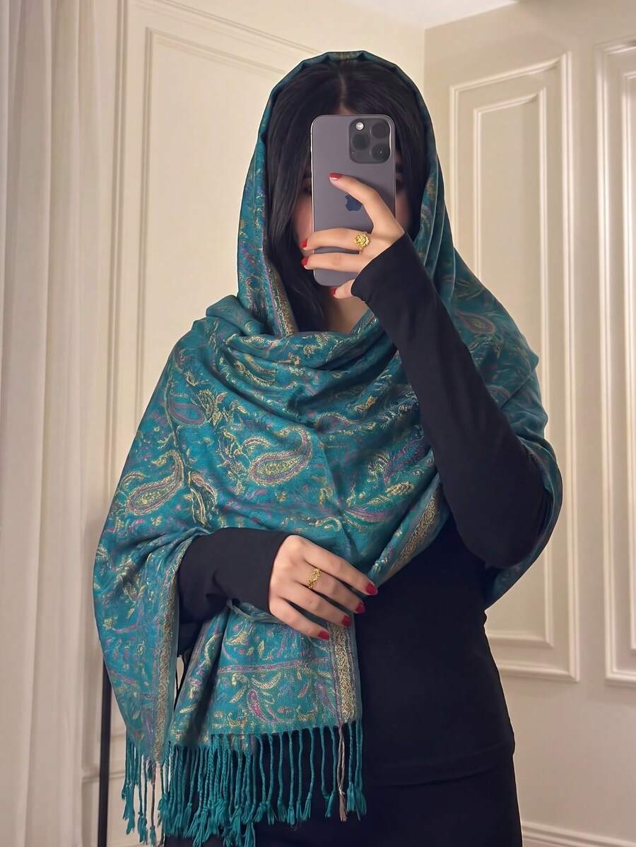 1件女款佩斯利花紋飄逸格紋圍巾,波希米亞風復古多功能披肩,適合日常穿搭 - 湖藍色 - 查看 1