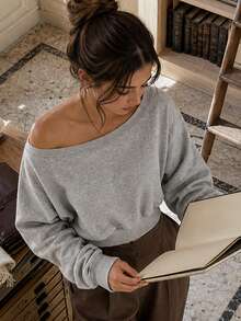 Women's Grey Pure Cotton Long Sleeve Boat Neck Pullover Sweatshirt, Ribbed Knit Top, Autumn Essential - Light Grey - View 2