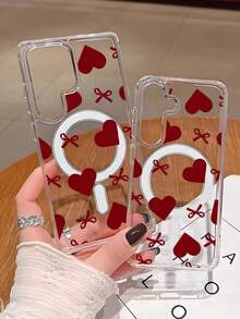 1 buah Casing Ponsel Transparan Magnetik Motif Hati Merah dan Pita, Casing Ponsel Anti Guncangan Perlindungan Penuh. Casing Pelindung Ponsel Android, Cocok untuk Model S21/22/23/24/25/PLUS/FE/U/S25PLUSS/25U/S25DEGE/S25FE, Hadiah Kembali ke Sekolah - Clear - View 3
