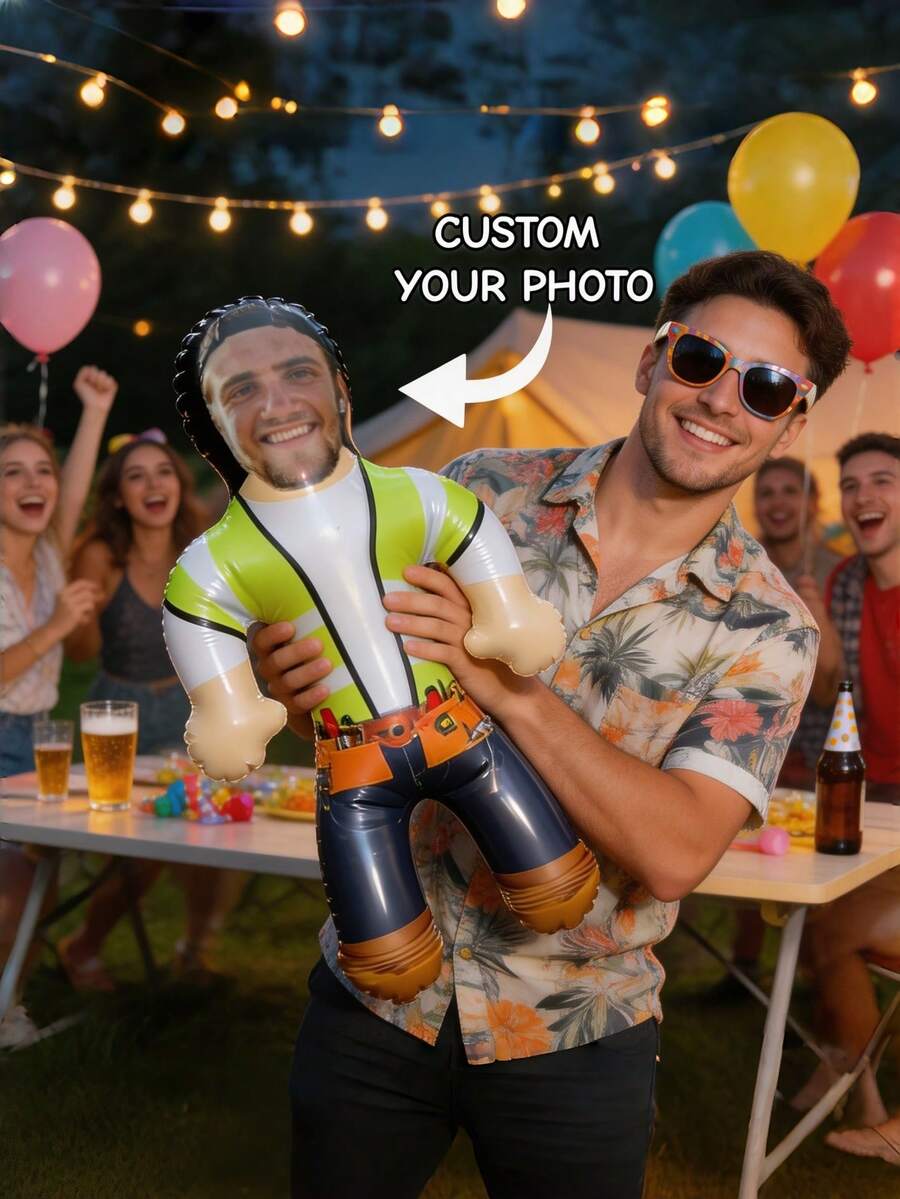 1pc Personalized Construction Worker Inflatable Blow Mold Prop - Custom Photo Bachelor Party Decor, Fun Architect Costume Party Accessory, Groom Celebration Prop, Bachelor Weekend, Wedding Celebration, Special Occasions And More - Multicolor - View 1