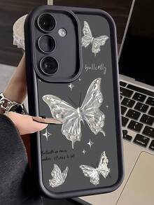 1 buah Casing Ponsel Motif Kupu-kupu Perak, Bingkai Kulit Hitam, Pelindung TPU Lembut Tahan Guncangan, Kompatibel dengan Ponsel GALAXY, HONOR, - Hitam - View 3