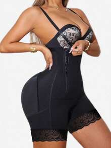 1pc One-Piece Shapewear, Waist Cincher & Butt Lift, Side Zipper Deep V Design, Suitable For Daily Wear, Sports & Fitness Black Fall - Black - View 1