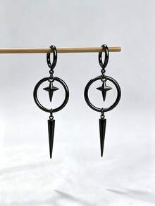 suteyi Stainless Steel Punk Pendant Earrings, Gothic Style Spiked Cone & Star Long Drop Hoop Earrings, Alternative Rock Hip Hop Silver Color Women's Earrings - Black - View 2