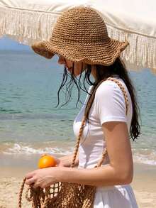 1pc Women's Foldable Wide Brim Sun Hat, Lightweight Khaki Straw Hat, Suitable For Summer Travel, Portable Design Bucket Hat, Best Back To School Gift - Multicolor - View 6