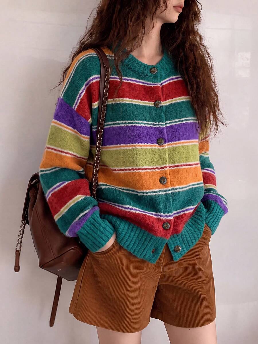 Women's Autumn/Winter Casual Colorful Thick Striped Knit Cardigan Jacket Fall - Multicolor - View 1