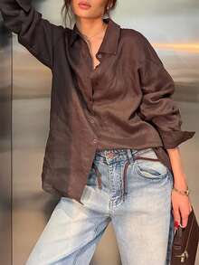 Women's Casual Coffee Brown Loose Oversized Drop Shoulder Long Sleeve Shirt Collar Top, All Seasons - Coffee Brown - View 4