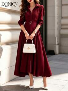 Gaun Kemeja Panjang Sedang Warna Merah Anggur, Gaun Pesta Pernikahan Elegan Wanita Berkerah Lengan 3/4 dengan Detail Kerut dan Pinggang yang Rapi, Model A-Line yang Mengalir - Burgundy - View 6