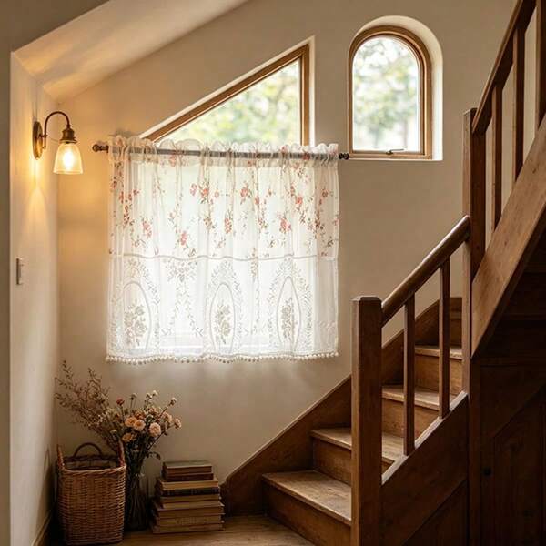 1pc Vintage Forest Style Pink Floral Print Sheer Short Curtain, Mirror Flower Embroidery Lace Patchwork, Pom Pom Bottom, Rod Pocket Entryway Room Divider Cafe Curtain