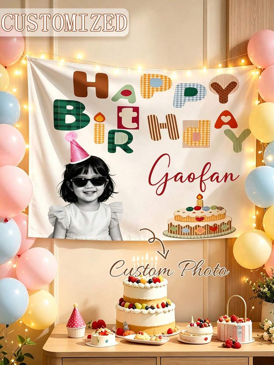 Birthday Banner Background Wall, Customizable Name/Text And Photo Tapestry, Hand-Painted Happy Birthday Sign, Suitable For Party Decoration, Photo Backdrop, Fabric Decor - Multicolor - View 1