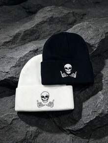 Skeleton Bone Hand Embroidered Cuffed Knit Beanie, Gothic Street Style Warm Winter Hat, Unisex - Multicolor - View 4