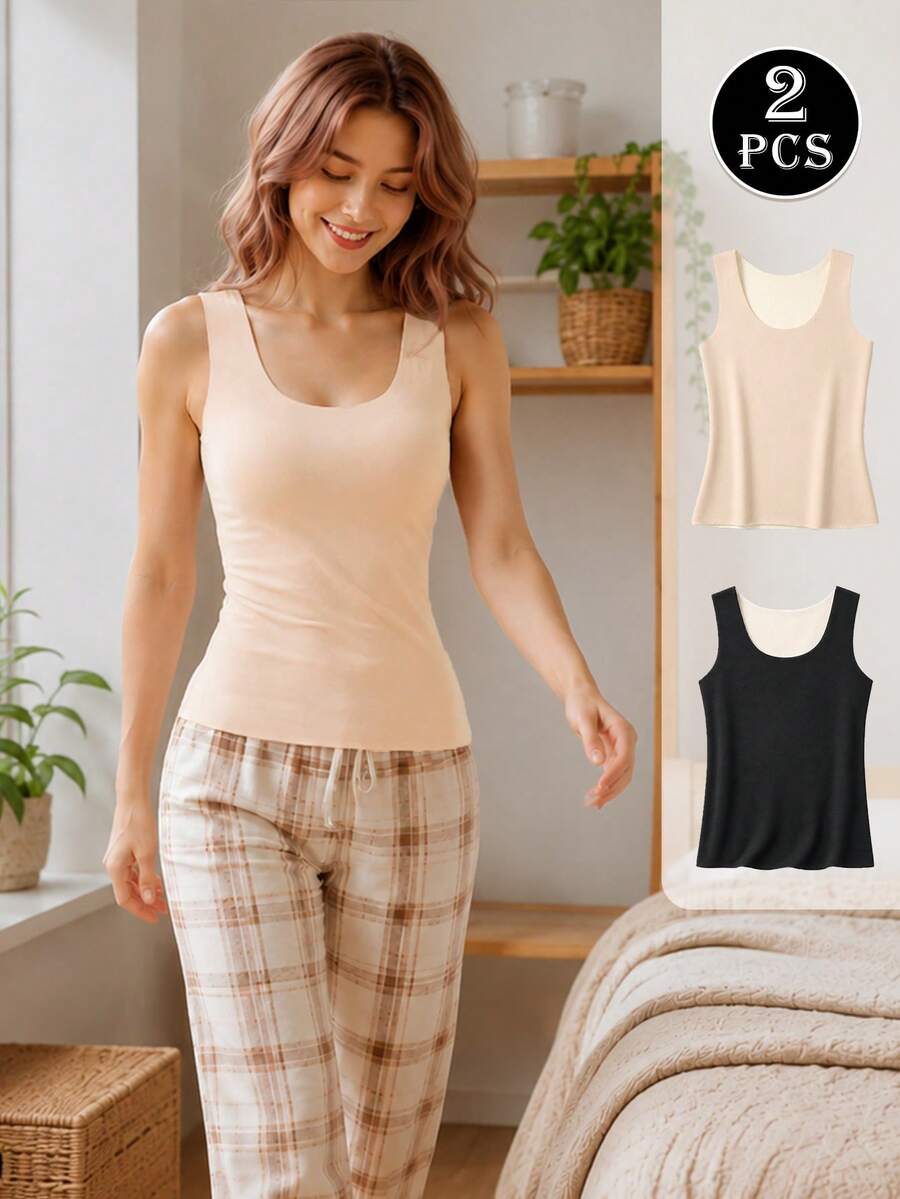 2pcs/Pack Women's Round Neck Warm Vest, Double-Sided Fleece Thickened Sleeveless Base Layer Innerwear, Autumn/Winter Layering Underwear - Multicolor - View 1