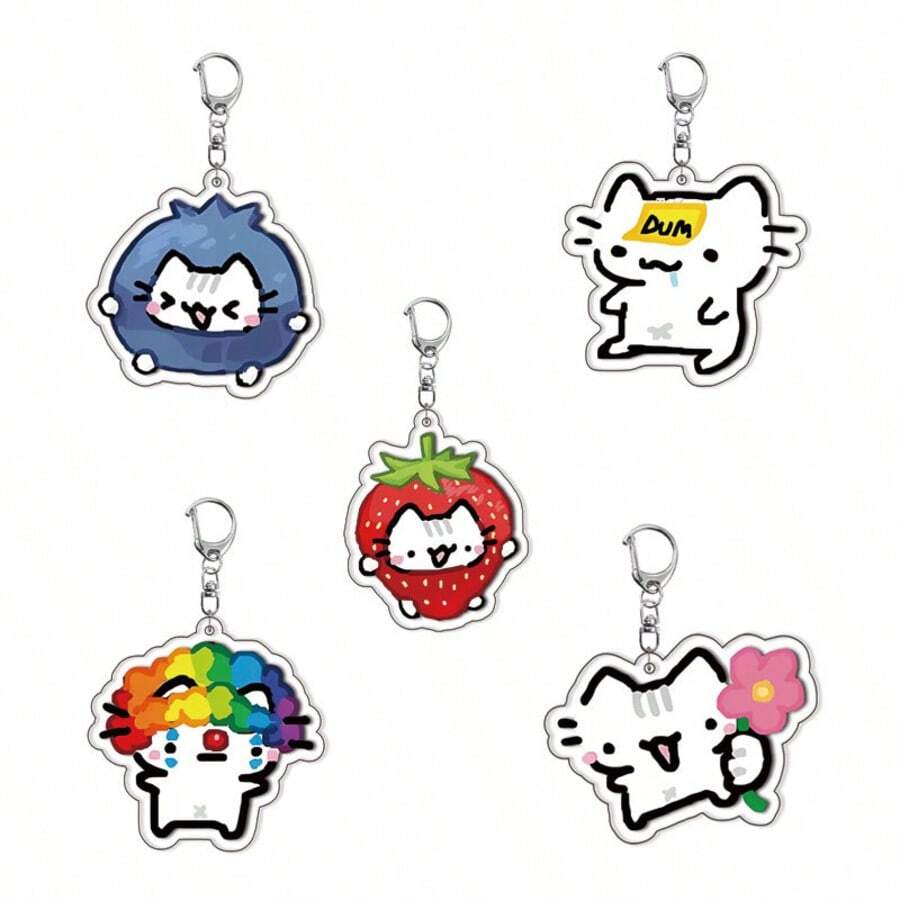 1pc Cute Doodle White Cat Acrylic Keychain, Cartoon Kitten Fruit Pattern Bag Charm, Adorable Backpack Pendant, Collectible Gift - Multicolor - View 1