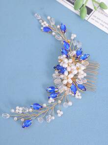 1pc Vintage Elegant Royal Blue Crystal Pearl Floral Branch Hair Comb Bridal Headpiece - Blue - View 5