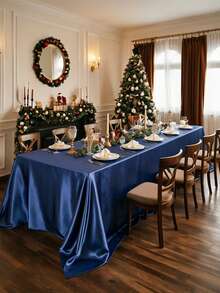 1pc Satin Tablecloth, Rectangular Tablecloth, Shiny Tablecloth, Smooth Material Tablecloth, Suitable For Christmas, Wedding, Party, Birthday Party Table Decoration (Navy Blue) - Multicolor - View 5