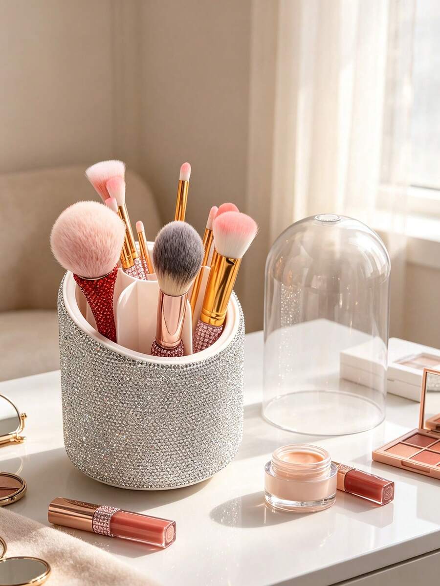 1pc Rhinestone Rotating Makeup Brush Holder Cosmetic Storage Rack Desktop Vanity Organizer Eyeshadow Brush Lipstick Holder Pen Holder, Rotating Dust-Proof Makeup Brush Storage Box Cosmetic Organizer Lipstick Eyeshadow Storage Rack Desktop Pen Holder - Silver - View 1