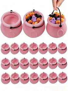 6pcs Mini Witch Cauldron With Handle, Pink & Black Halloween Small Candy Bucket, Trick Or Treat Pot, Tabletop Decor, Party Favor Container, Halloween Miniature Prop For Home Party Decoration - Multicolor - View 6