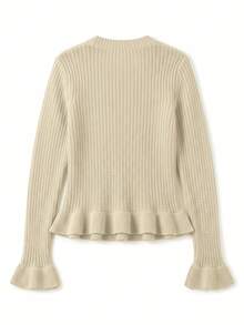 JustMiss Sweater Pullover Wanita Leher Bulat dengan Lengan Mengembang, Hiasan Ruffle, Lengan Panjang, Gaya Feminin Romantis, Warna Polos, Hem A-Line, Rajutan Tebal, Musim Gugur/Dingin - Aprikot - View 6