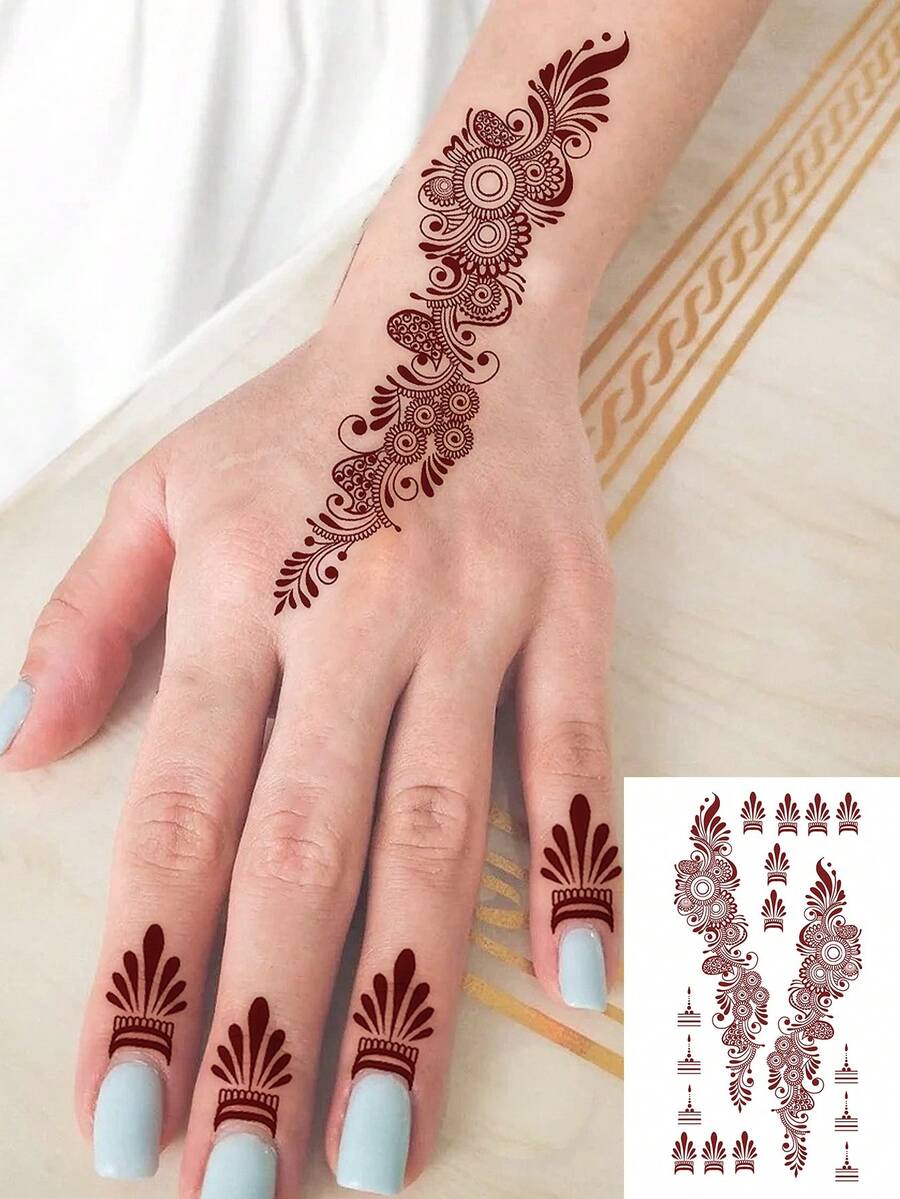1張長效紅棕色孔雀捲紋海娜臨時紋身貼,防水圓點漩渦掌心手指 Mehndi 貼紙,逼真全手海娜套組,適合新娘、伴娘、婚禮、蜜月手部飾品,不含海娜成分 - 紅色 - 查看 1