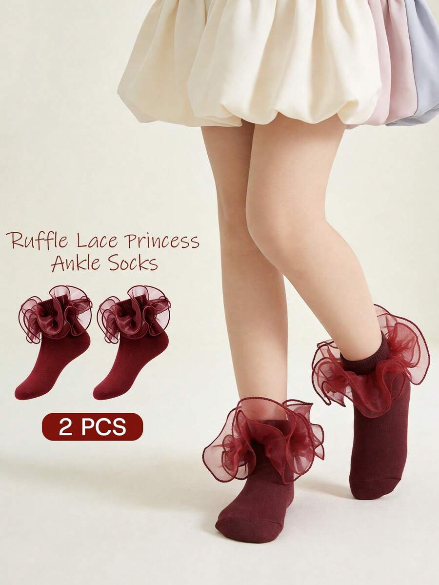 2 pares de calcetines para bebé niña con grandes volantes de encaje 3D, calcetines de danza de princesa de algodón puro - Burdeos - Ver 1