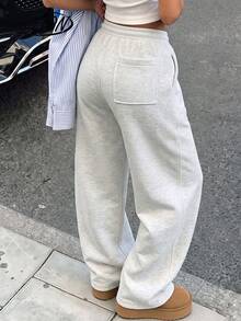 Women Fall Winter Gray Wide Leg Sweatpants, Drawstring Elastic High Waist Trousers With Side & Back Pockets For Daily & Street Wear - Light Grey - View 2