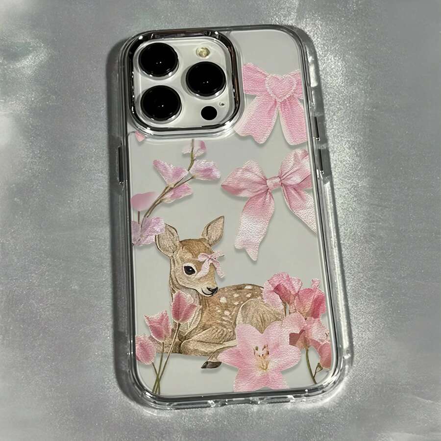 1件金屬透明個性化粉色花朵蝴蝶結鹿圖案手機殼,適用於 iPhone 16 Pro Max/17/16/15/14 Plus/13/12/11 保護殼 Air - 彩色 - 查看 1
