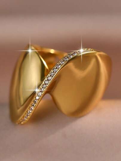 jealous young 1pc Luxury Gold Unique Polished Double Curved Open Ring Full Paved Shiny Cubic Zirconia, Stylish Unisex Jewelry For Daily Commute Party & Banquet
