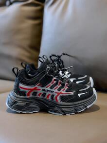 1 Pair Kids' Patchwork Mesh Thick Sole Chunky Sneakers, Breathable Mesh Fabric, Fashionable Versatile Sports Shoes For Spring And Summer - Black - View 5