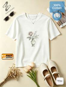 Vase Roses Romantic Pastoral Pure Cotton Short Sleeve Daily Dating Spring Summer Women's T-Shirt - 白色 - 查看 2