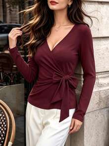 minisummer Women Fall Elegant Wine Red Wrap Long Sleeve Top, V Neck Side Tie Slim Fit Casual Going Out Blouse - Burgundy - View 4