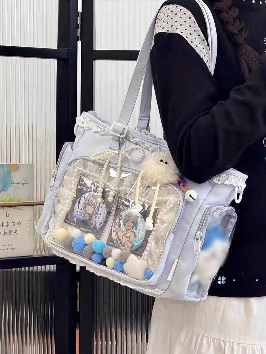 1個日系可愛軟妹清新百搭女款單肩包，珍珠蝴蝶結與蕾絲飾邊凸顯精緻優雅，2D JK 動漫展 DIY 透明裝飾包，雙面口袋透明層日常休閒大容量托特包，學生書本攜帶輕量托特包，可愛甜美風格極具吸引力斜挎包，尼龍防水面料，動漫周邊展示 Ita 包，學生上學通勤包，動漫展、購物、派對、旅行
