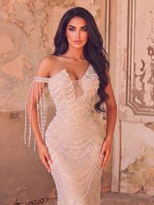 Glamorous Women's Sleeveless Cold Shoulder Sequin Mermaid Dress, Elaborate Long Formal Gown With Beaded Fringe And Zipper For Special Occasions - Apricot - View 10