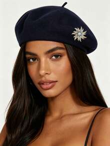 1pc Autumn/Winter Warm Knitted Faux Wool Solid Color Rotating Sunflower Women's Beret Hat, Fashion Simple Versatile Casual Vintage Painter Hat - Multicolor - View 9