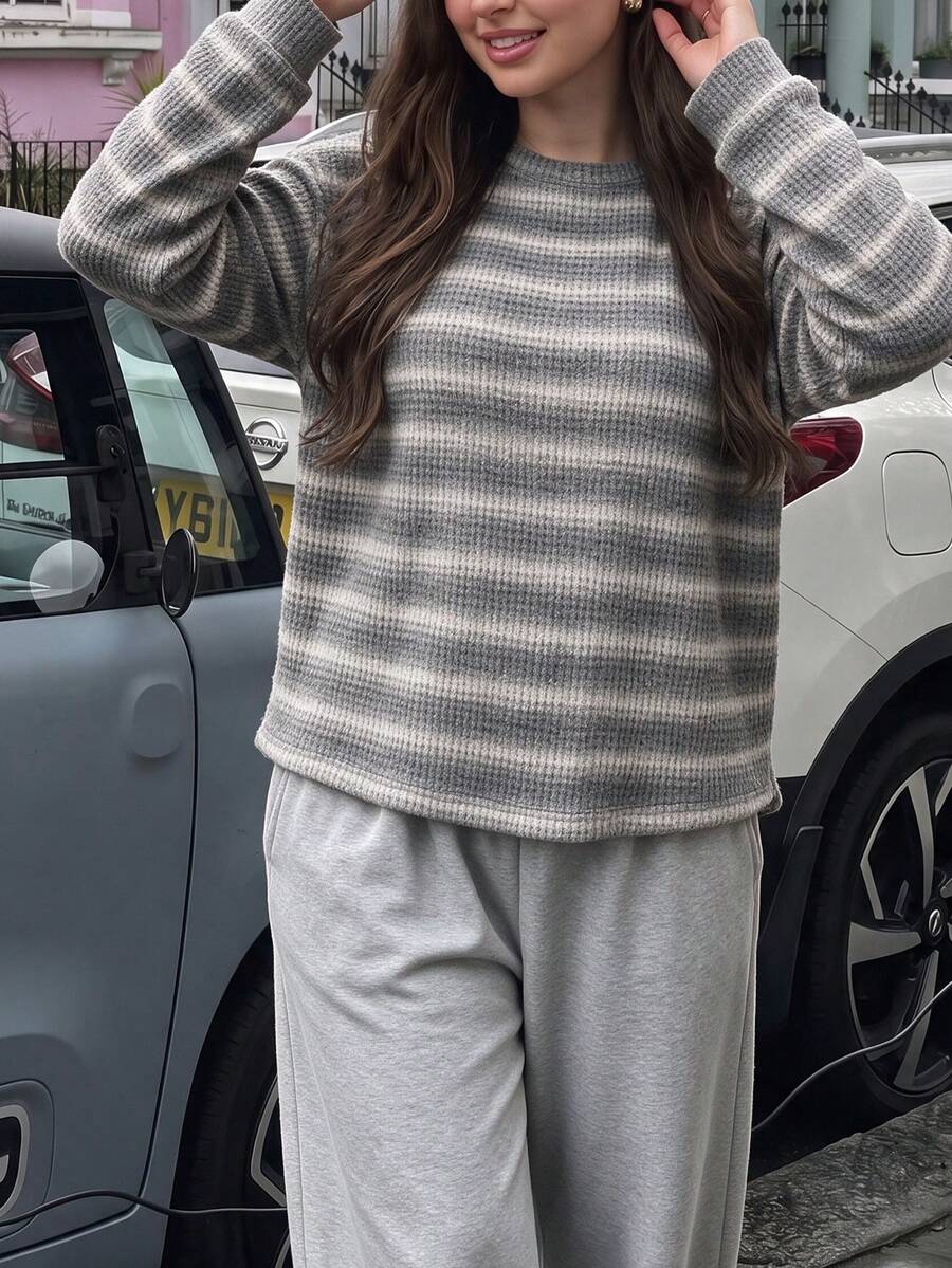 Women's Plus Size Striped Knit Sweater, Medium Stretch, Long Sleeve, Regular Fit, Pullover, Autumn Wear - Multicolor - View 1