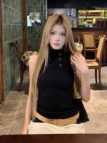 女款春夏/秋冬黑色修身針織無袖背心上衣，百搭設計，顯瘦修身外穿夏季款 - 黑色 - 查看 2
