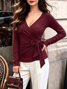 minisummer Women Fall Elegant Wine Red Wrap Long Sleeve Top, V Neck Side Tie Slim Fit Casual Going Out Blouse - Burgundy - View 5