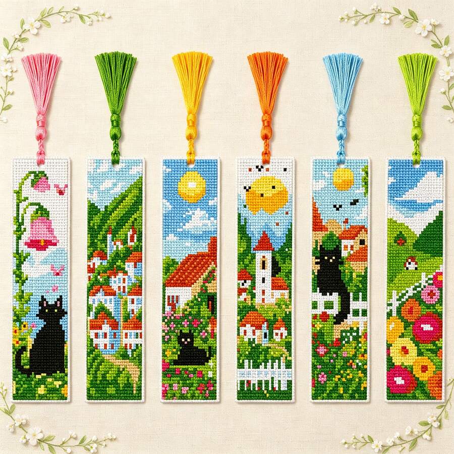 6pcs Beginner Cross Stitch Bookmark Full Material Kit, Fresh Pastoral Style Black Cat Town Landscape Print, DIY Handmade Colorful Tassel, Stress Relief Artistic Creative Gift