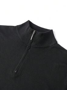 Plus Size Men's Half-Zip Stand Collar Knit Sweater, Minimalist Solid Color Long Sleeve Pullover, Casual Commute Loose Fit Base Layer Top - Black - View 5