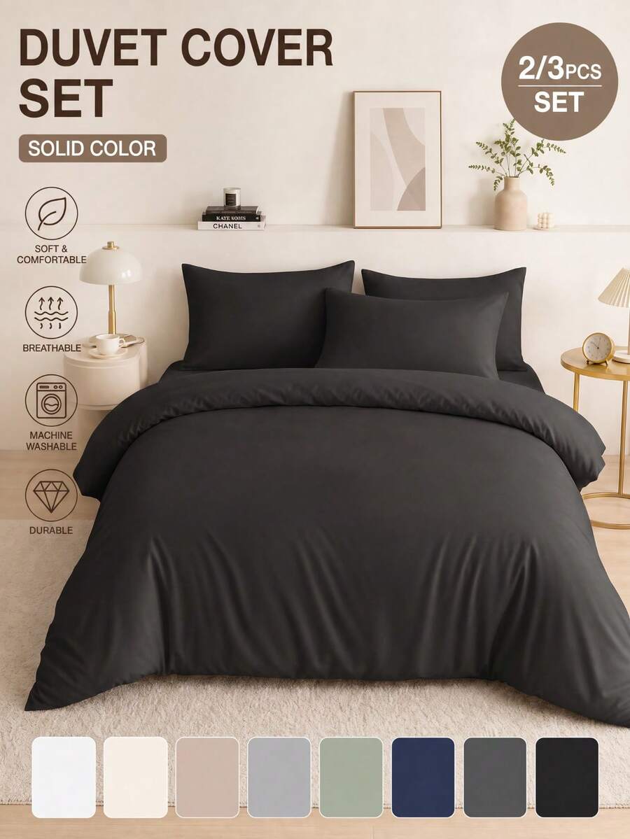3pcs 100% Polyester Solid Color Soft & Comfortable Duvet Cover Set (1 Duvet Cover And 2 Pillow Shams), All-Season Modern Polyester Bedding Set - Black - View 1