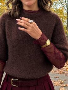 Autumn/Winter Minimalist Fuzzy Knit Sweater, Casual Commute Date Layering Versatile Vintage Women's Knit Top Fine Fuzz Summer - Chocolate Brown - View 5