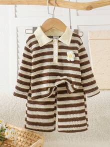 2pcs Baby Girl Vintage Brown Polo Collar Knit Striped Long Sleeve Top And Wide Leg Pants Set, Lightweight For Spring And Autumn - Mocha Brown - View 4