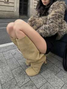 女款尖頭細跟高跟長靴，膝高寬筒靴，顯腿長優雅直筒靴 - 杏色 - 查看 7