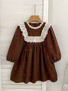 Vintage Style Girls Dress With Lace Collar, Heart Print, Long Sleeve, Corduroy, Spring/Autumn Children's Dress - Brown - View 2