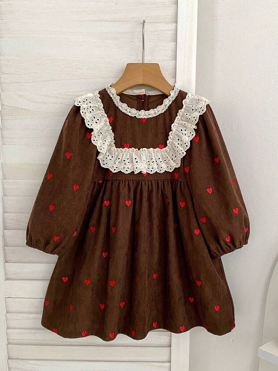 Vintage Style Girls Dress With Lace Collar, Heart Print, Long Sleeve, Corduroy, Spring/Autumn Children's Dress