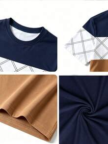 Toddler Boys Color Block Argyle Print T-Shirt, Short Sleeve Crew Neck Casual Top, Kids Color Block Plaid Line Summer Top - Mocha Brown - View 5