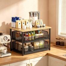 Kitchen Countertop Organizer With Drawer And Wire Basket, 2-Tier Hardwood Shelf, Sturdy Microwave Stand And Coffee Station Holder, For Spices, Toaster, Home Use, Double-Layer - Schwarz - Übersicht 3