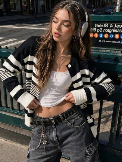 Y2K Women Black And White Striped Knit Cardigan, Long Sleeve Button Down Loose Casual Sweater Jacket Streetwear