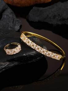 rakol 2pcs/Set Luxury Gold Flower Zirconia Inlaid Silver Bracelet & Ring Set - Gold Flower - View 6