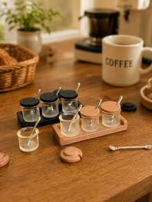 Miniature Dollhouse Miniature Seasoning Jar Model Set, 1:12 Scale Model House Black And Brown Seasoning Jar Decor, With Small Spoon And Tray Model, Mini Kitchen Scene Decoration And Photography Prop - one-size - View 5